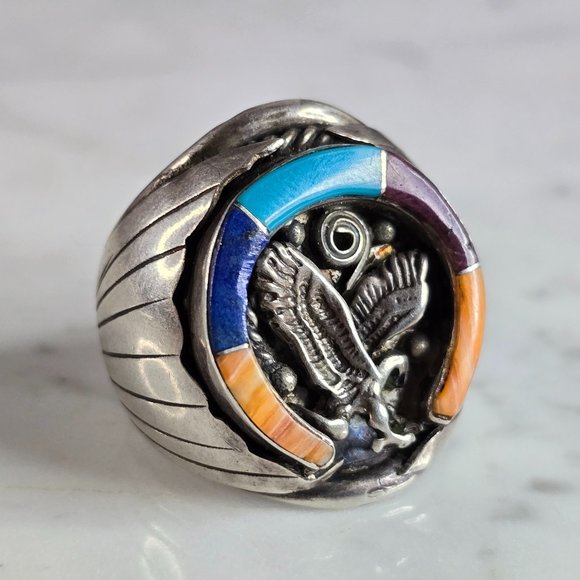 Mens Vintage Sterling Silver Southwestern Turquoise Eagle Ring 17.3g E7469